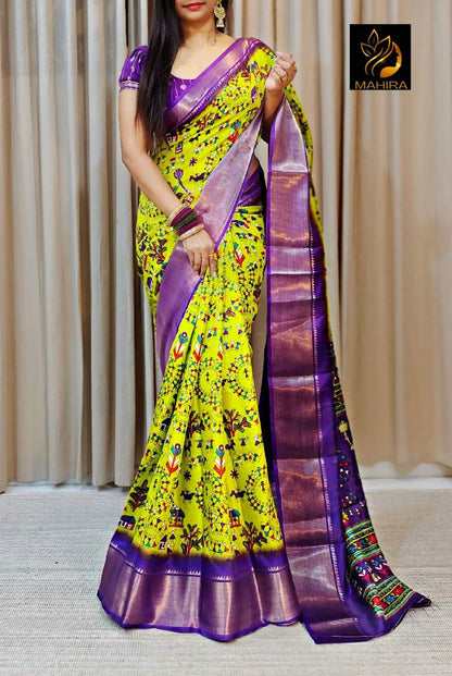 Dola Silk Saree with All-Over Floral Design &amp; Gold Weaving Border