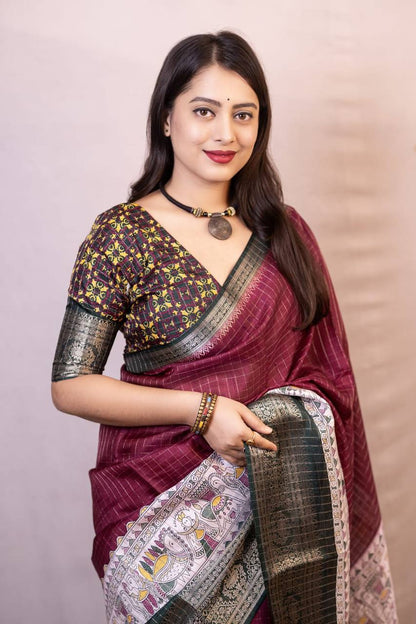 Lightweight Mangalagiri Dola Saree with Print Checks &amp; Kalamkari Pallu