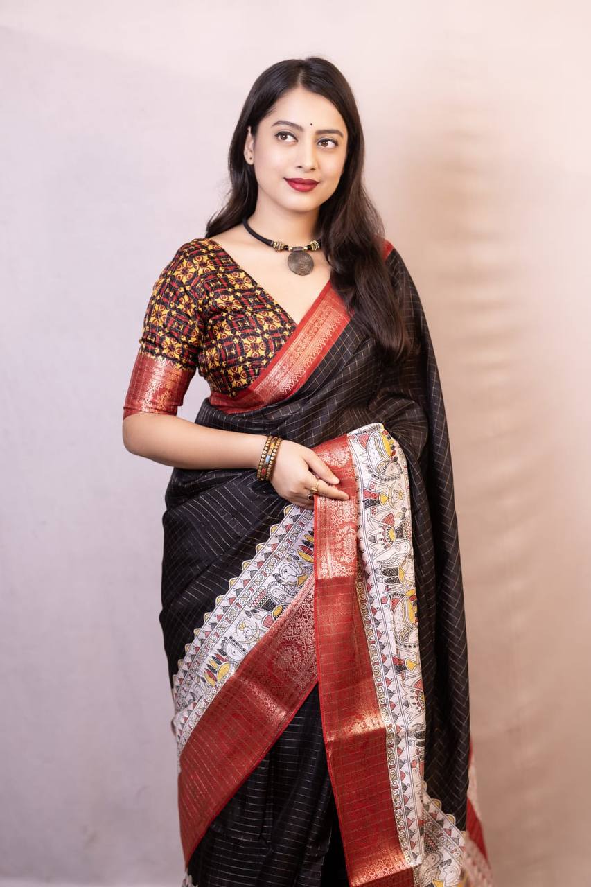 Lightweight Mangalagiri Dola Saree with Print Checks &amp; Kalamkari Pallu