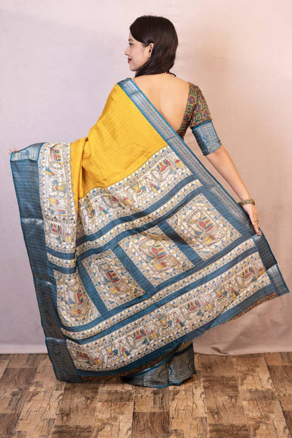 Lightweight Mangalagiri Dola Saree with Print Checks &amp; Kalamkari Pallu