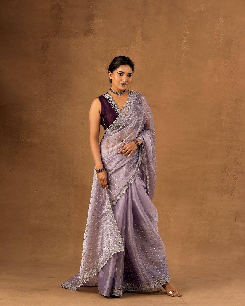 Soft Burberry Fabric Designer Saree with Sequins &amp; Zari Work