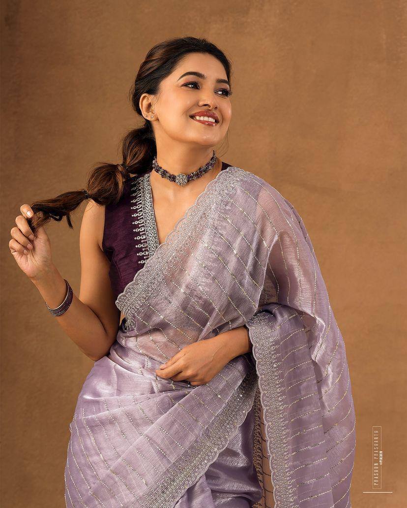 Soft Burberry Fabric Designer Saree with Sequins &amp; Zari Work