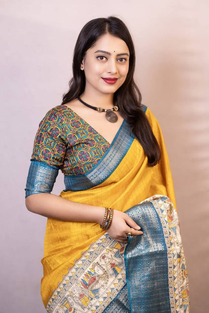 Lightweight Mangalagiri Dola Saree with Print Checks &amp; Kalamkari Pallu