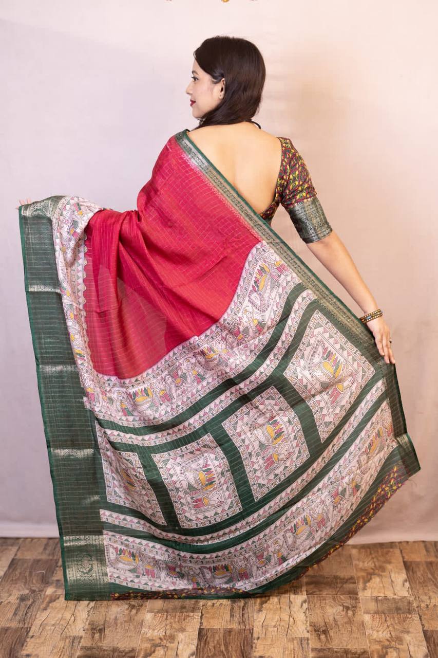 Lightweight Mangalagiri Dola Saree with Print Checks &amp; Kalamkari Pallu