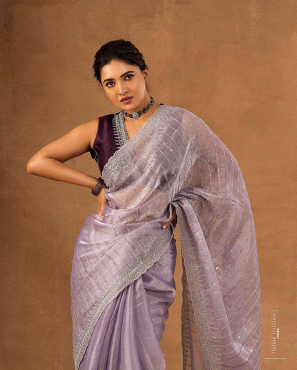 Soft Burberry Fabric Designer Saree with Sequins &amp; Zari Work