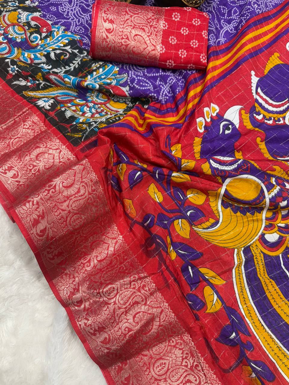 Lightweight Mangalagiri Dola Saree with Print Checks &amp; Kalamkari Pallu